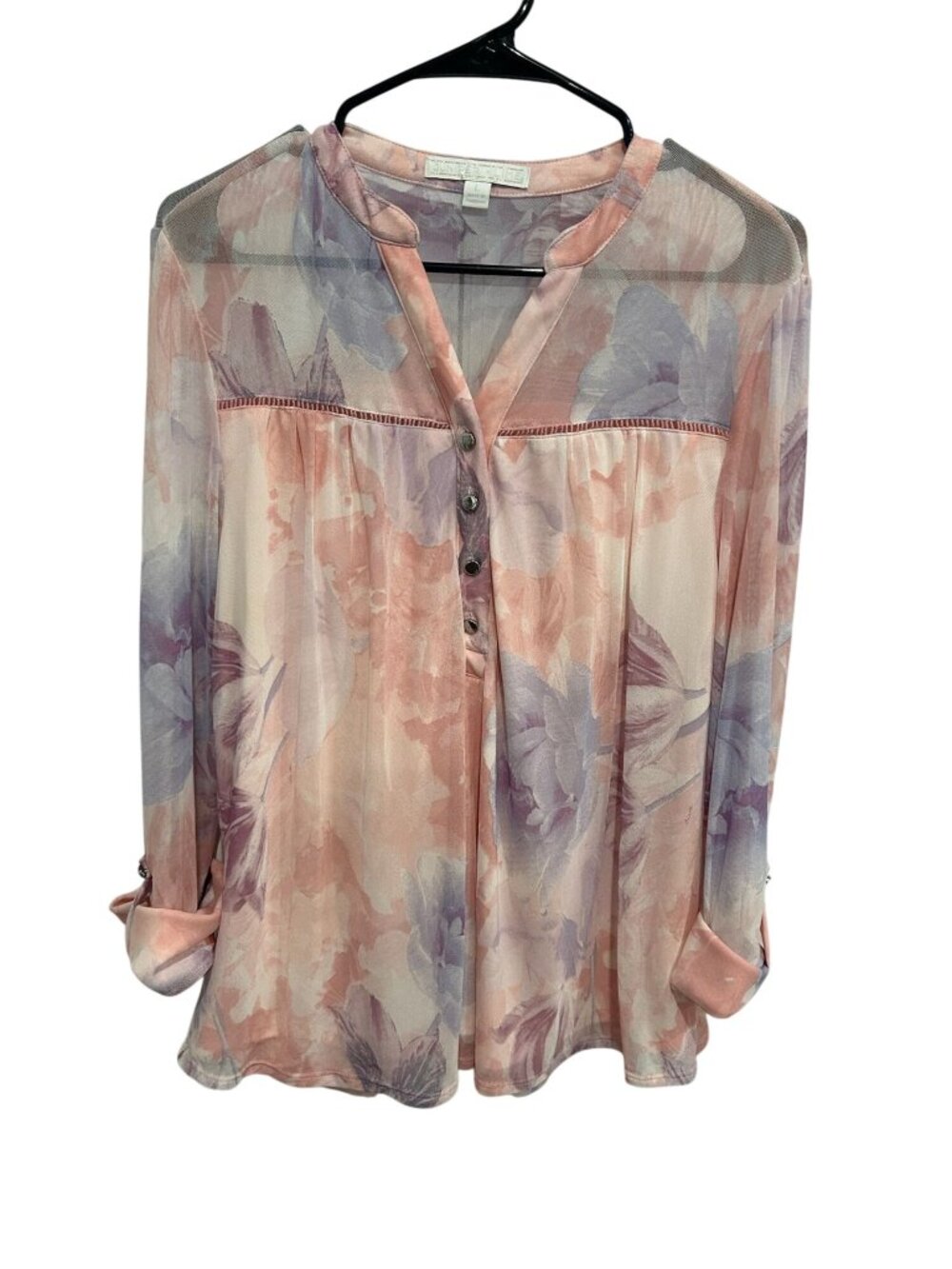 Juniper + Lime Large Sheer Floral Button-Down Roll Tab Blouse Pink Purple Modern